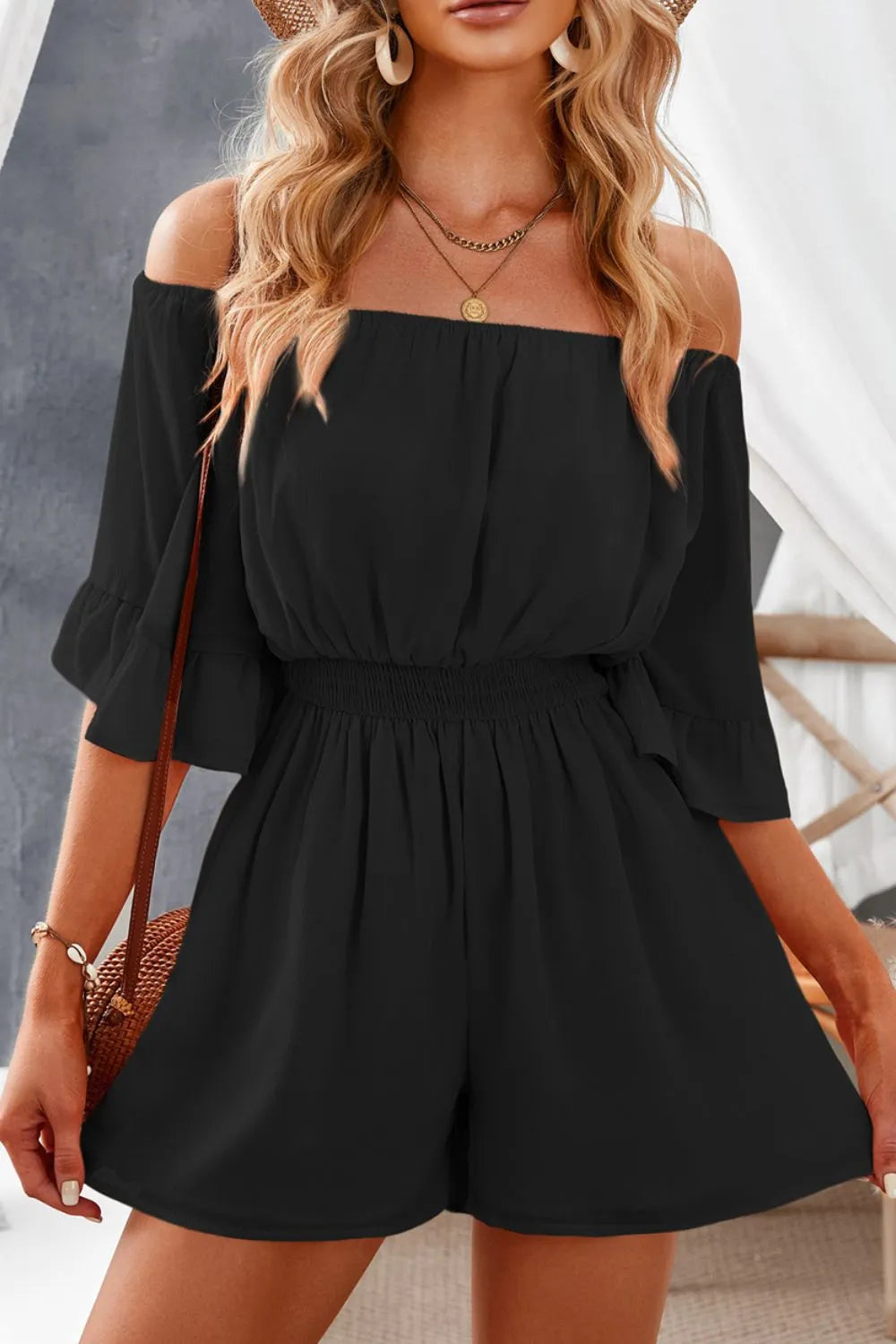 Women's Romper Black Off-Shoulder Ruffled with Elastic Waist Black 8a67aef3-2a37-423b-bf7e-05eba847758d-Max-Origin Trendsi