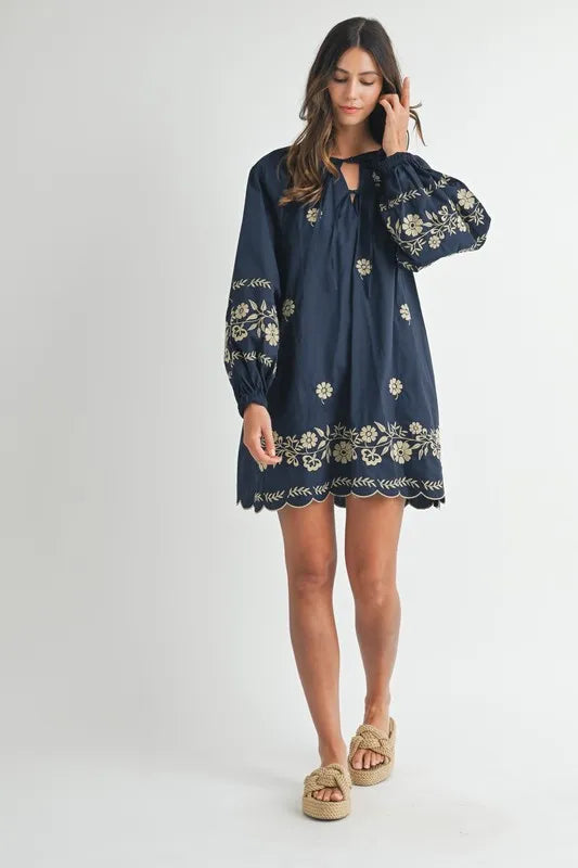 MABLE Mini Dress Navy Floral Embroidered Long Sleeve Peasant Tied 8a6aea71e8de4168a883e2f96c349b24-Max-Origin Trendsi