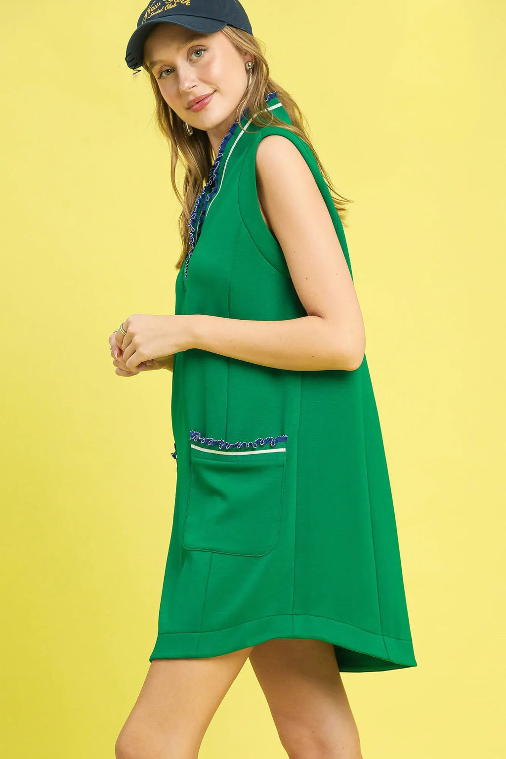 Umgee Mini Dress Dark Green Frill Contrast Trim Sleeveless Pocketed 8a6c2c0d-f65a-4b01-b707-797f4bd94a87-Max-Origin Trendsi