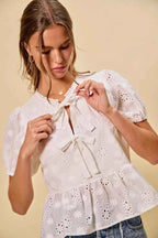 SO ME Cotton Eyelet Front Tie Short Sleeves Blouse