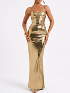 Ruched Halter Neck Maxi Dress with Moderate Stretch and Backless Design