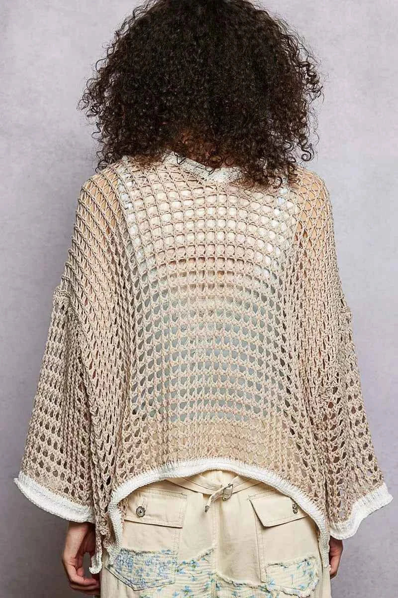 POL Open Front Openwork Cardigan with Contrast Trim