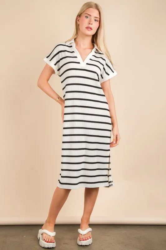 VERY J Oversized Striped Knit Midi Dress