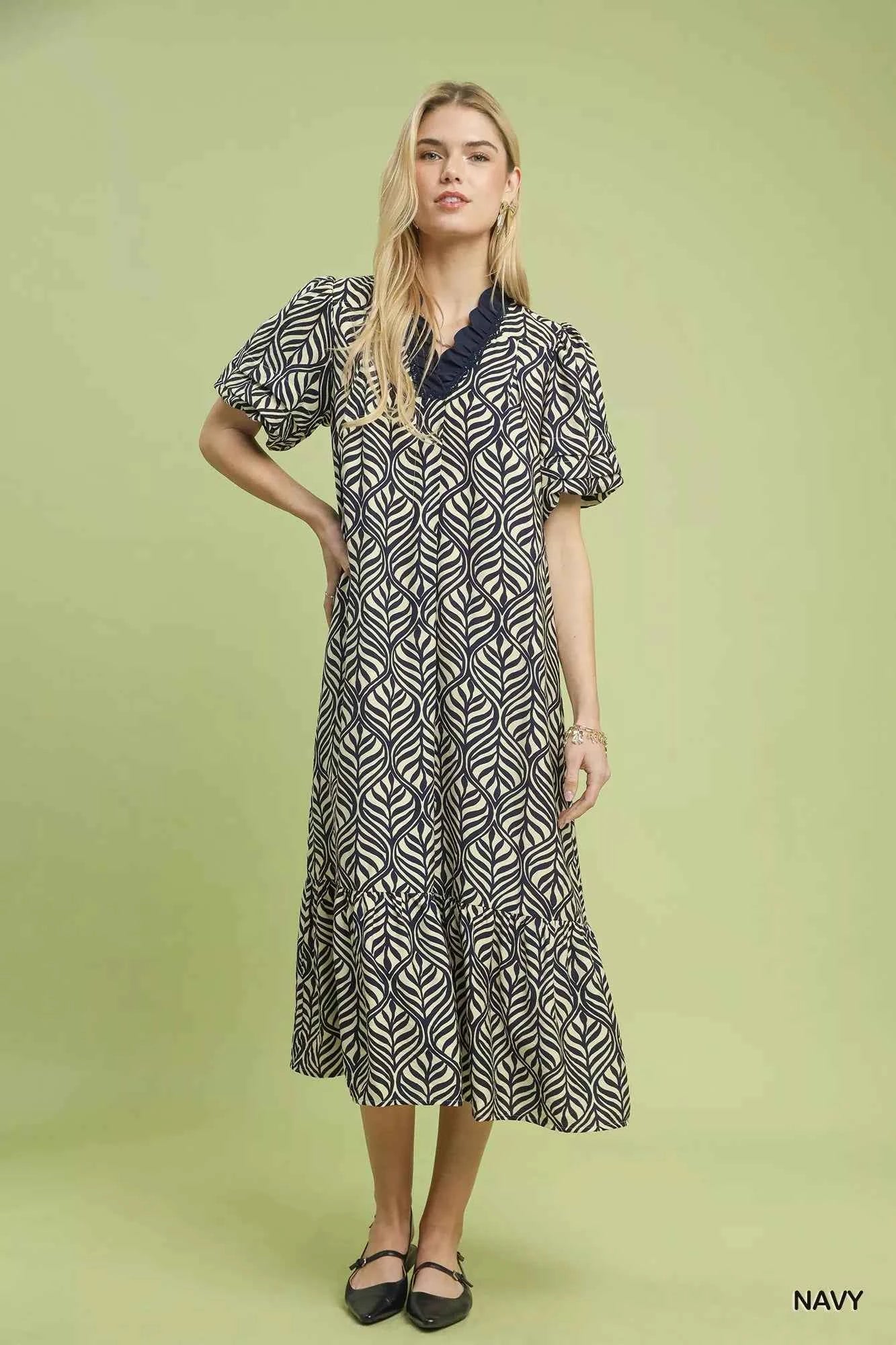 Umgee Leaf Print Ruffle Neck Midi Dress