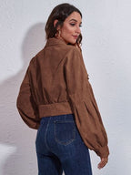 Cropped Jacket Women's Button Down Collared Long Sleeve with Flap Pockets 8aa2a4e6-781a-4850-bd26-8bfae87ec298-Min Trendsi