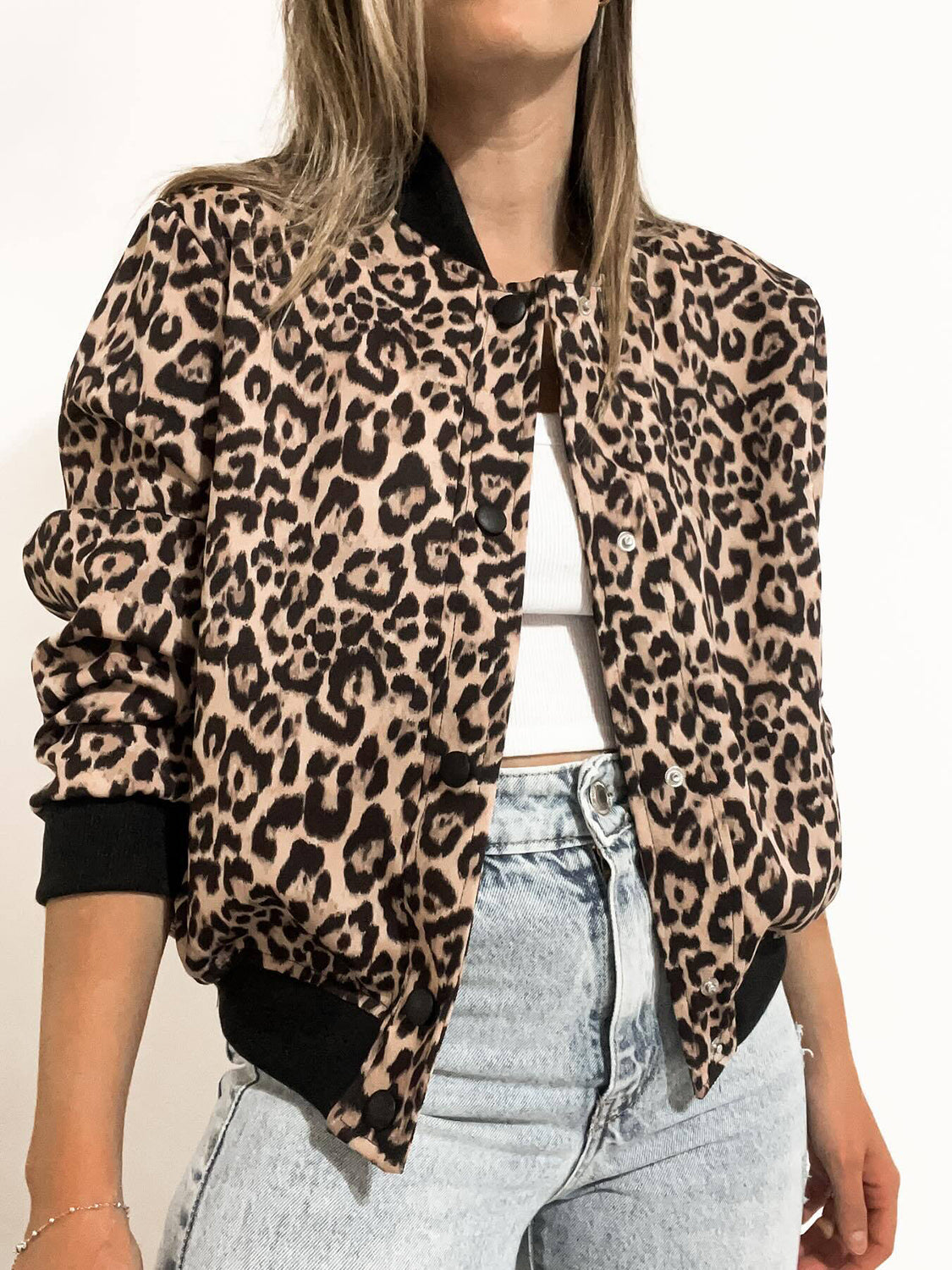 Leopard Cropped Women Jacket Baseball Collar Pocketed Snap Long Sleeve