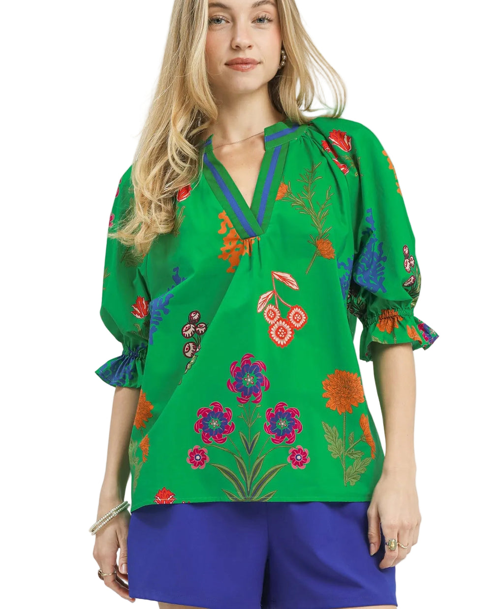 Umgee Women's Blouse Green Floral Split Neck Puff Short Sleeve Top