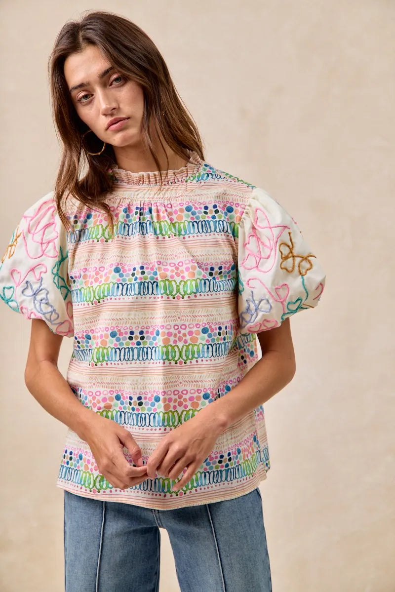 BiBi Blouse Multicolor Ruffle Neckline With Embroidery Bubble Short Sleeve Top 8abfd0ca9fbf40b895339700148bd289-Max-Origin Trendsi