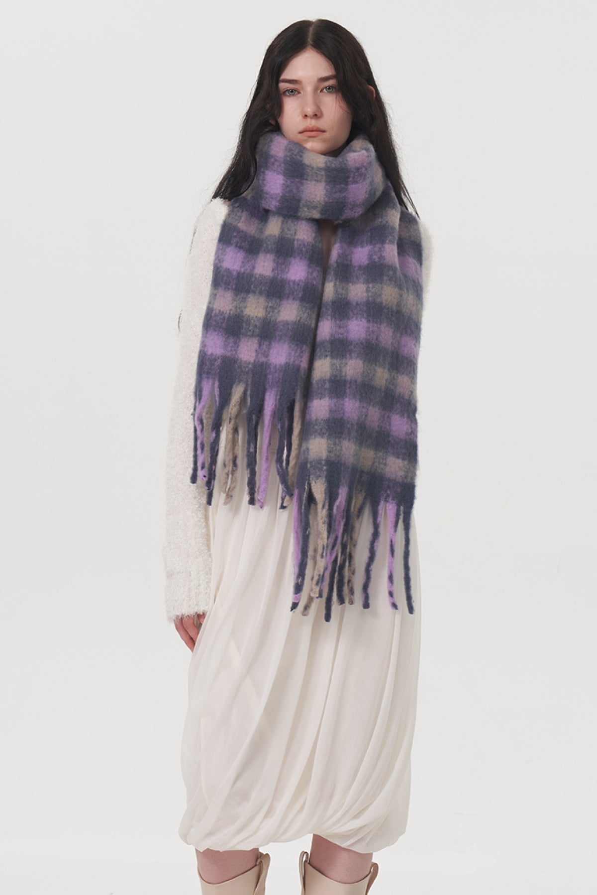 Women Scarf Lilac Plaid Fringe Polyester Tasseled Long Warm Accessories