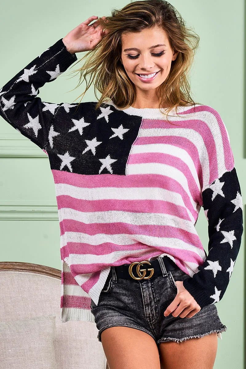 BiBi Knit Top American Flag Low Gauge Raw Hem Long Sleeve Black Mauve 8ac98b90ed5a49c8be91d60443548b0e-Max-Origin Trendsi