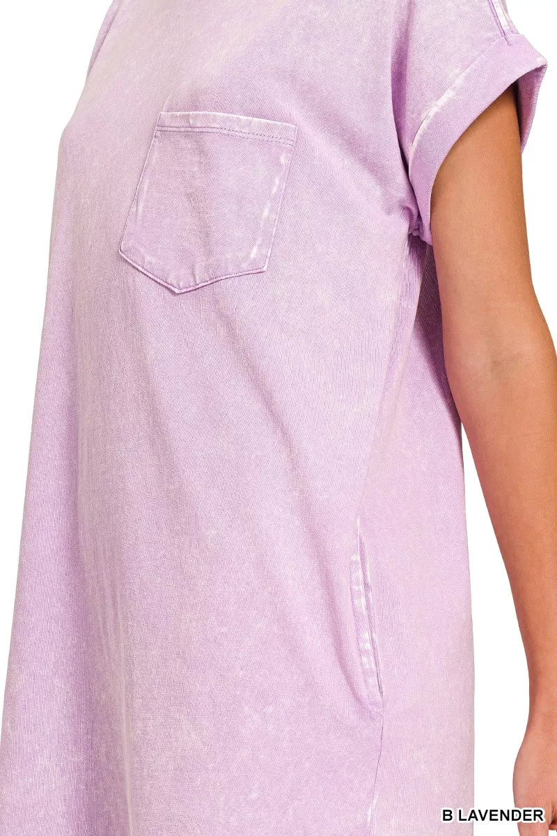 Zenana Premium T-Shirt Dress Cotton Lavender Washed Short Sleeve with Pocket 8ace9847eb184affa135b44f507eefcf-Max-Origin Trendsi