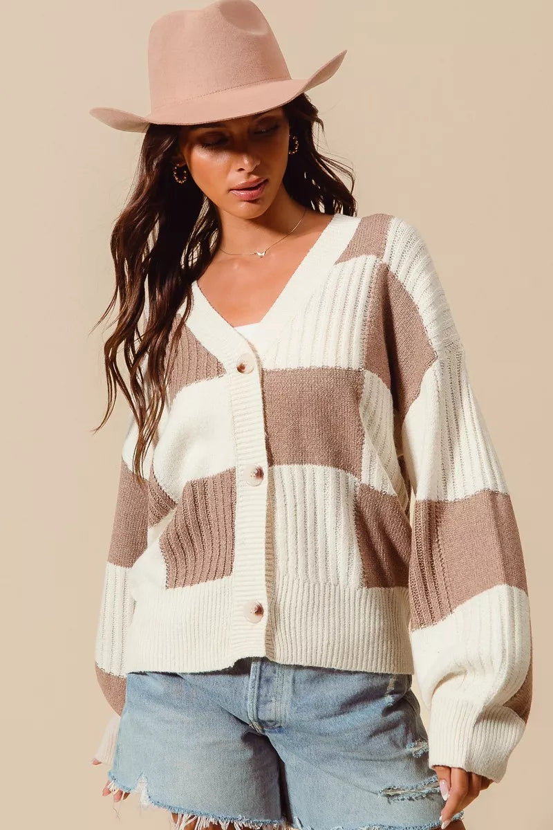 SO ME Checkered Button Front Ribbed Sweater Cardigan 8ad0380f38664adcb2826cb96d7d6976-Max-Origin Trendsi