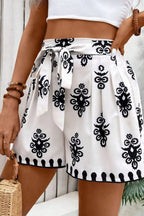 Women's White Tied Shorts Black Floral Printed High Waisted 8ad27c23-06bd-49cc-87ae-aedea7cde614-Max-Origin Trendsi