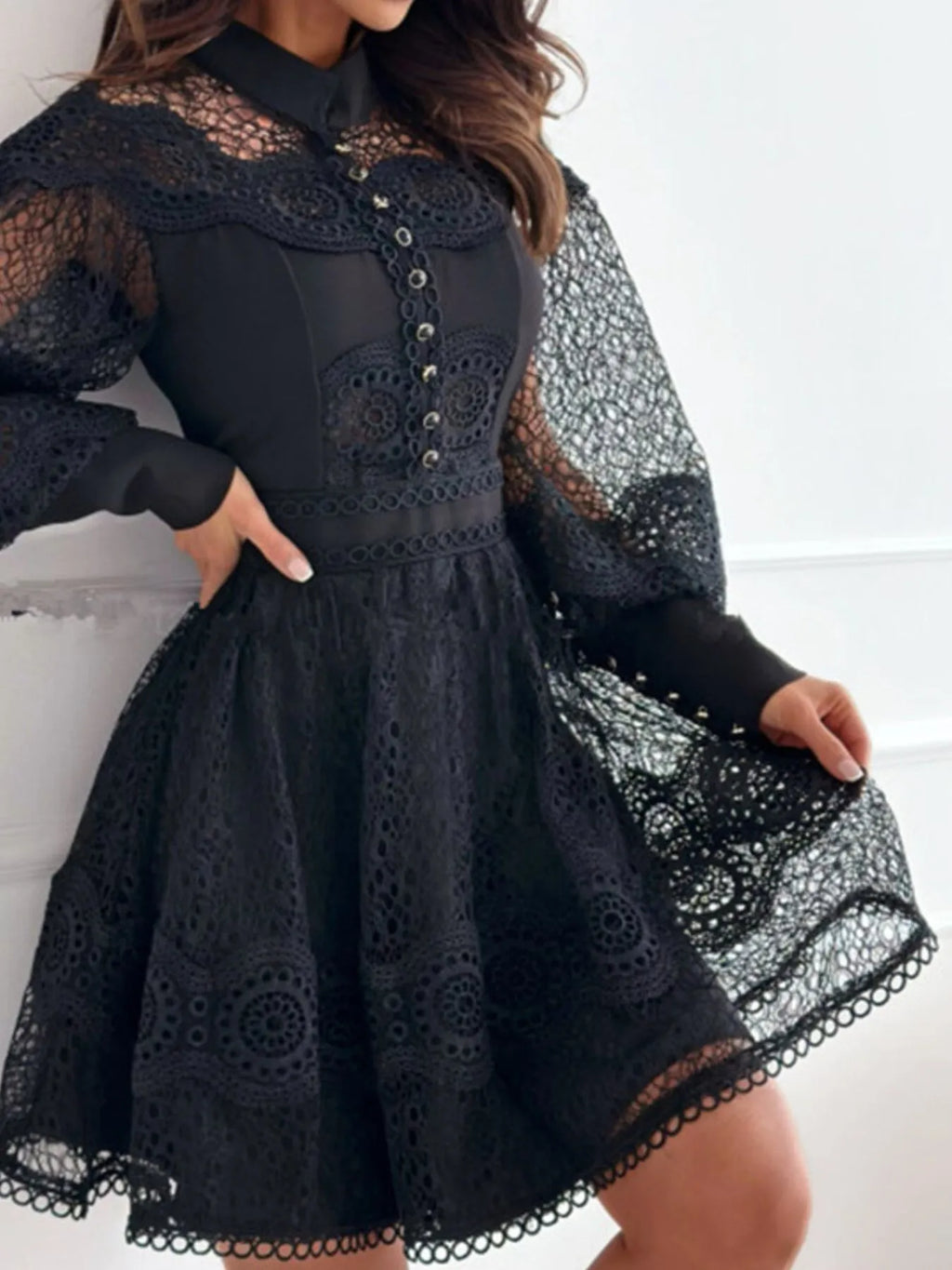 Mini Dress Floral Lace Lantern Long Sleeve Pearl Button High Neck Ruffled 8ad4509f-482e-4fb4-93ba-81d01f69c7bd-Max-Origin Trendsi