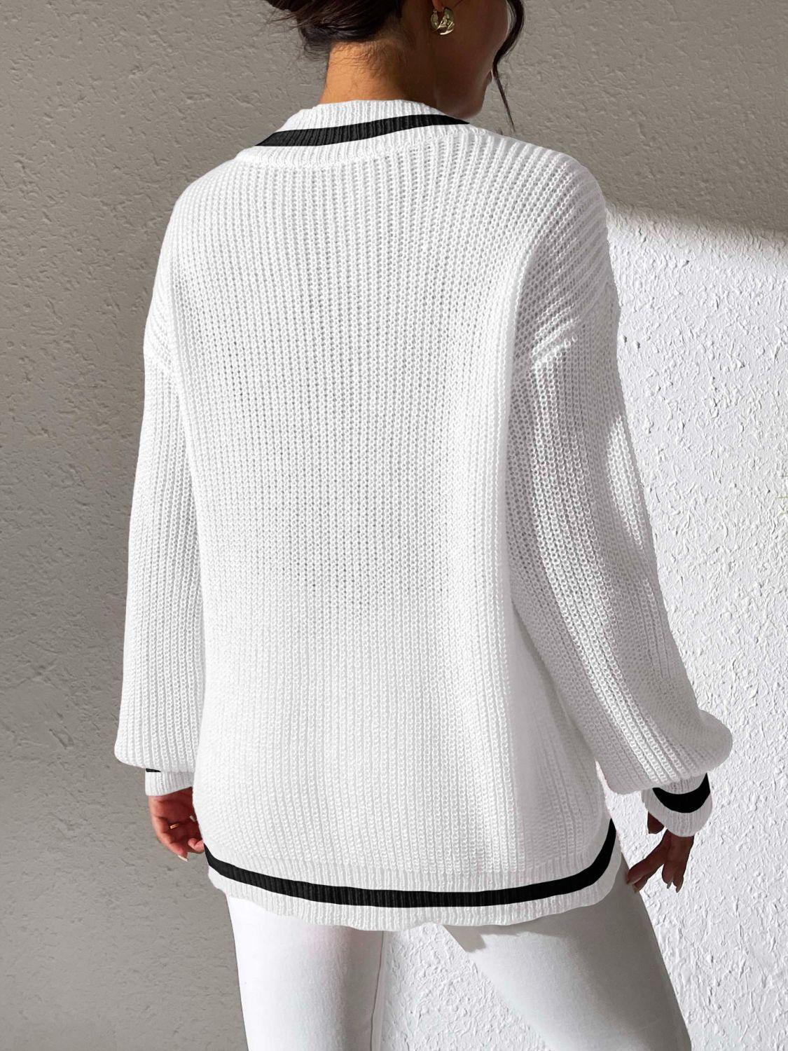 Sweater Knit V-Neck Contrast Stripe Trim Long Sleeve Knitwear 8adc3a5e-6ae4-40b0-ae7b-2586b08b3665-Max Trendsi
