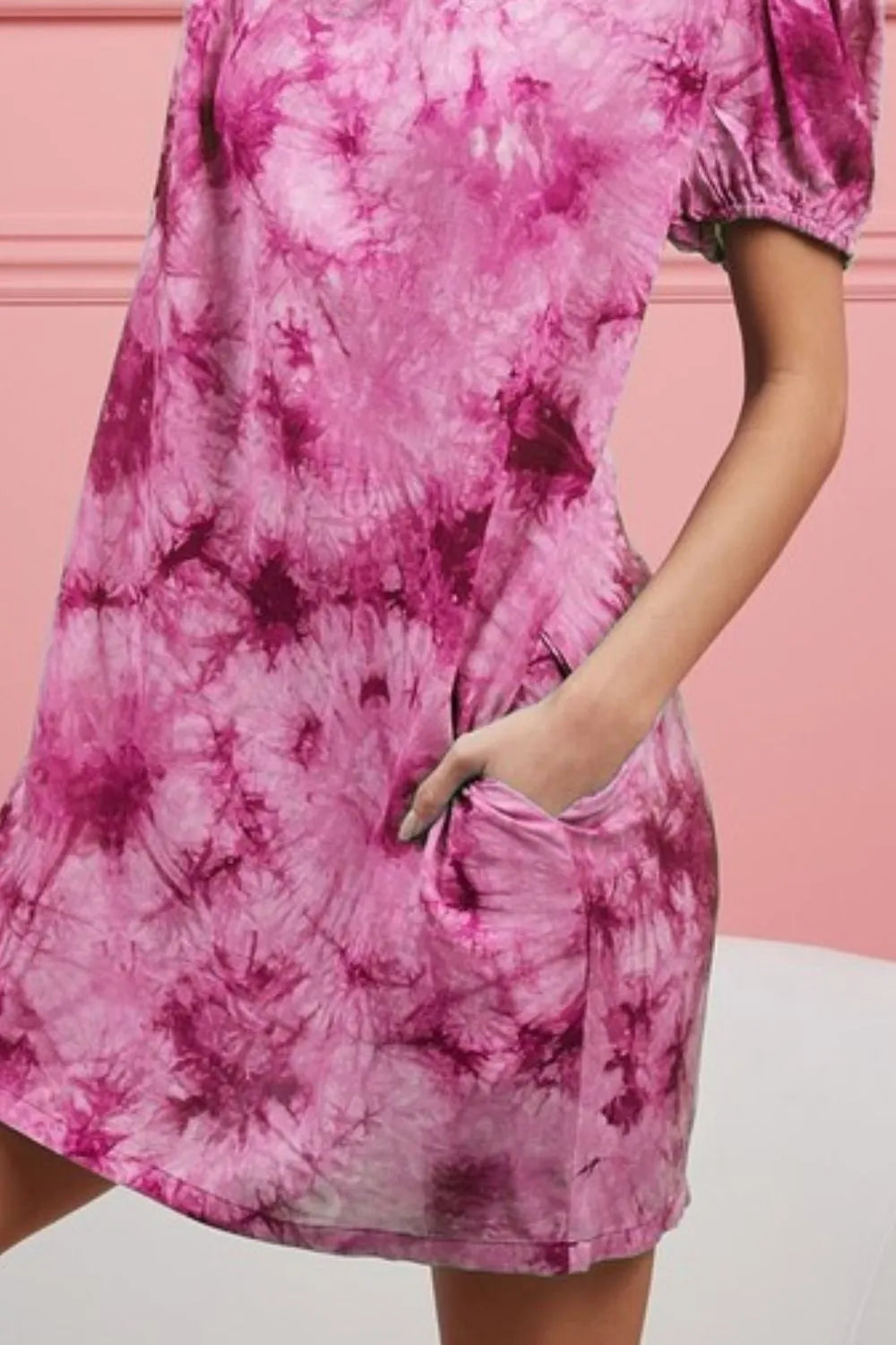 BiBi Mini Dress Tie Dye Hot Pink Puff Short Sleeve With Side Pockets 8adc8076-5c50-4548-b113-0e028370ca3a-Max-Origin Trendsi