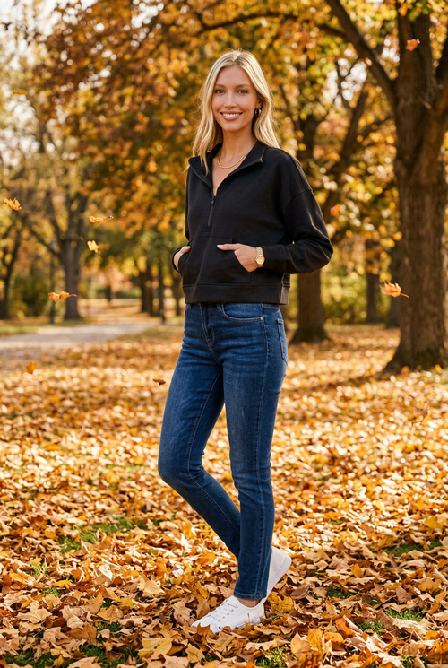 Zenana Women's Black Scuba Half-Zip Pullover with Kangaroo Pockets