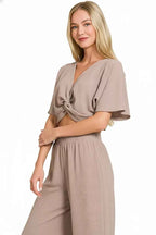 Zenana Woven Airflow Twisted Top & Wide Leg Pants Set