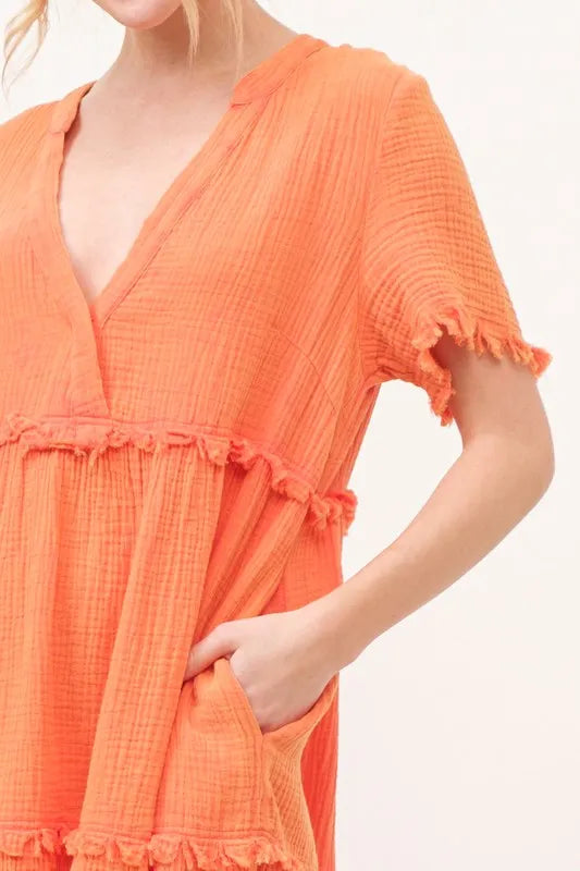 And The Why Tiered Dress Orange Washed Frayed Detail Raw Hem Short Sleeve 8adf7271b7ab4415bc13287e844629b5-Max-Origin Trendsi