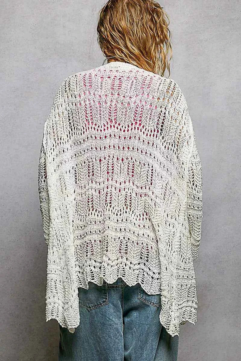 POL Openwork Lightweight Open Front Cardigan with Scalloped Edge