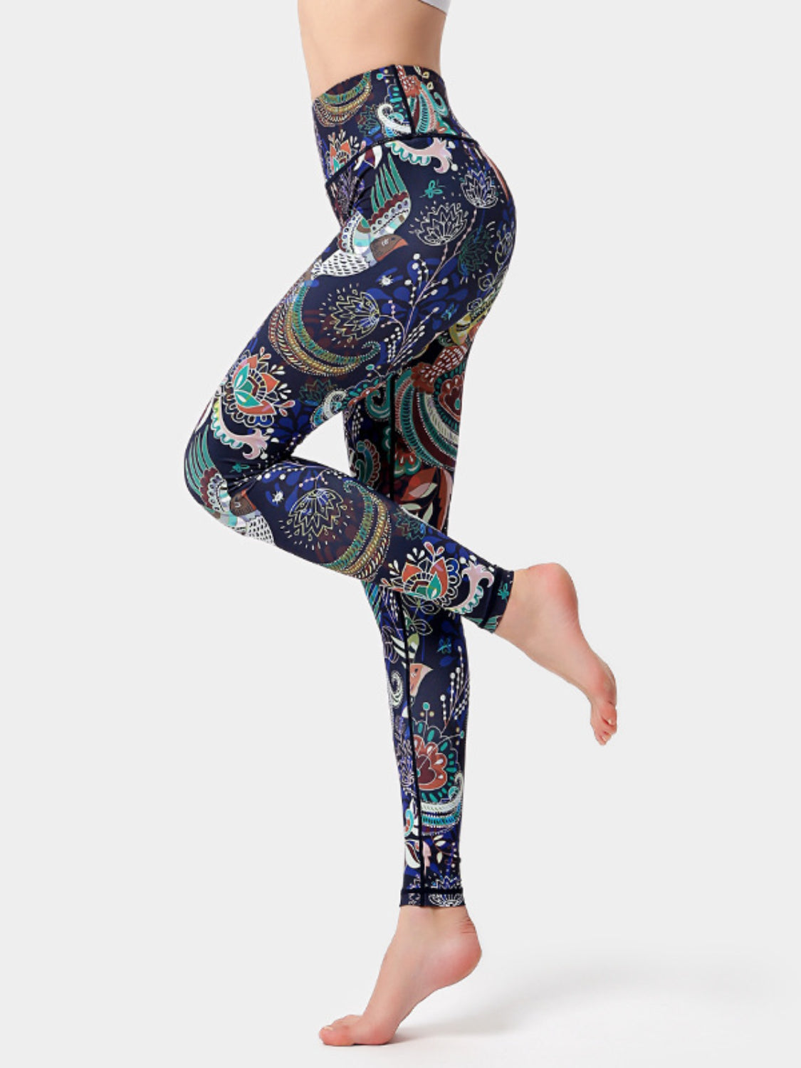 Active Leggings Floral Colorful Printed High Waist Highly stretchy Peacock Blue 8aeee915-f8e9-4998-b82d-8326bab60227-Max Trendsi
