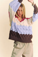 Davi & Dani Wavy Texture Sweater Color Block V-Neck Openwork Knit Pullover 8af075e3-25cc-46c8-9a66-4b396896beb7-Max Trendsi