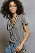 POL Women T-shirt V-Neck Short Sleeve Top with Stitch Seam Detail Gray 8b094ba4-8df7-44da-a3e6-98cdac4756ed-Max-Origin Trendsi