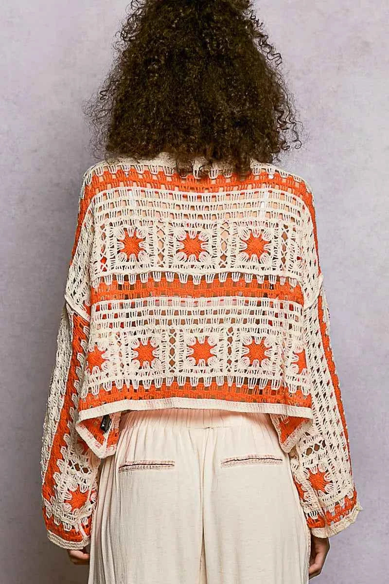 POL Crochet Top Ivory Orange Long Sleeve with Granny Square Weaving 8b15b105-7f3d-4d5b-aa8b-35abd8e2abda-Max-Origin Trendsi