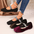Square Toe Slip-On Shoes with Low Heels, PU Leather, Rubber, and Rhinestone Detailing, Imported