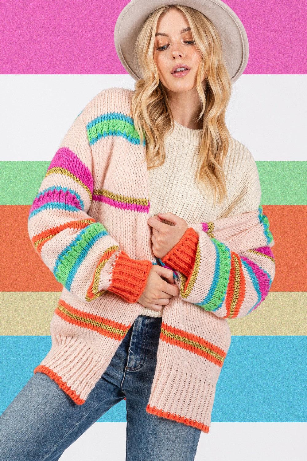 Cardigan SAGE + FIG Rainbow Striped Open Front Knit Long Sleeve 8b23ae8a-6630-4d30-a797-1eff5641c0bf-Max Trendsi