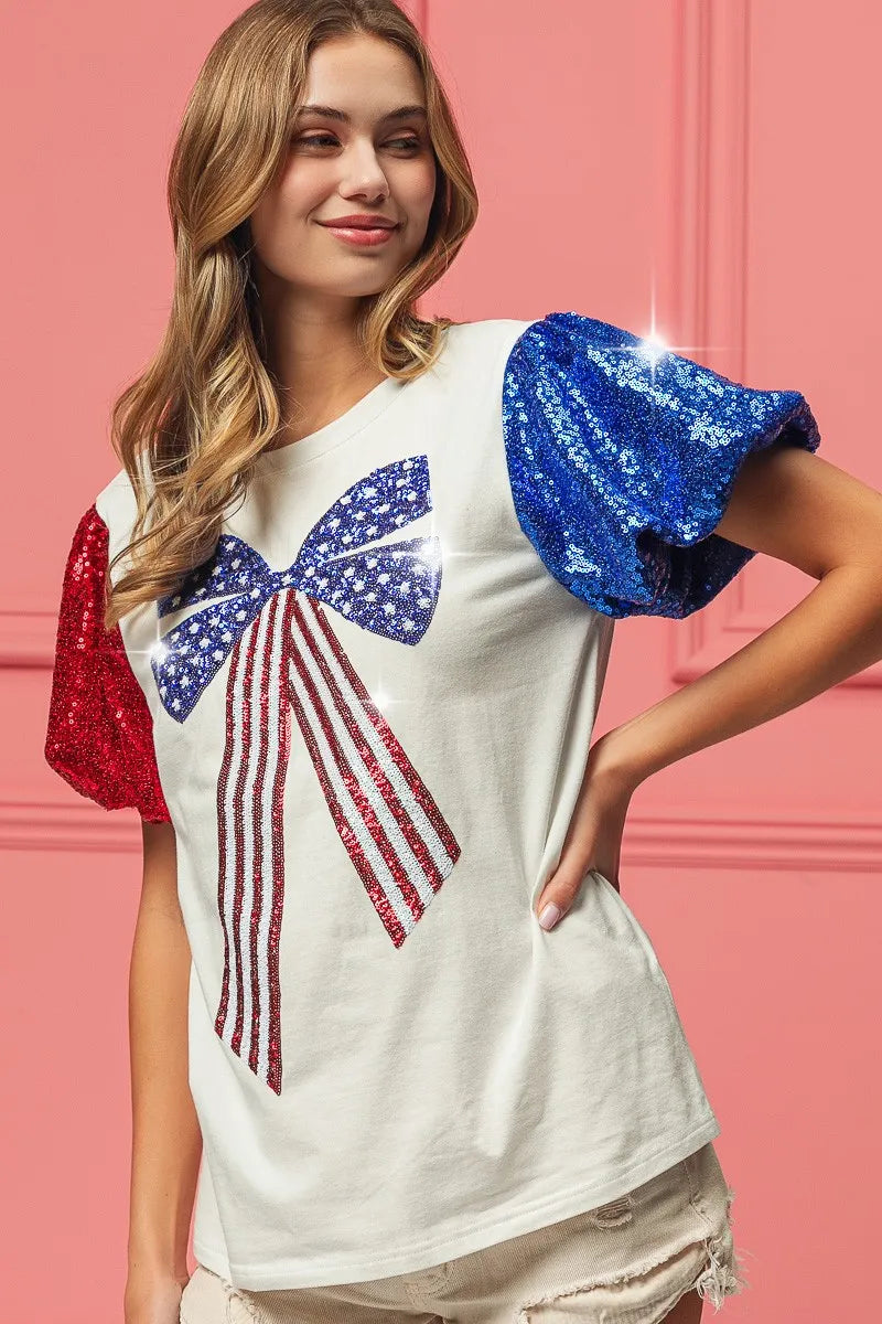 BiBi Cotton T-shirt Sequin American Flag Bow Top Short Puff Sleeve 8b24010957fc4bb0b64f627e6618434b-Max-Origin Trendsi