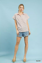 Umgee Womens Shirt Striped Blush Pink Top with Scallop Short Sleeves 8b287a85-a811-4246-a64e-405478931397-Max-Origin Trendsi