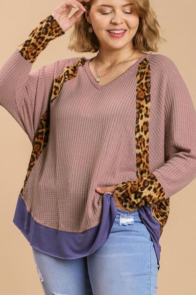 Umgee USA Waffle Knit Top Plus Size Leopard High-Low Dolman Long Sleeve 8b2de3c5-ef51-4dec-a368-8dfc8f59d233-Min Trendsi