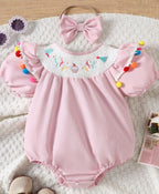 Children's Embroidered Smocked One-Piece Outfit with Matching Headband