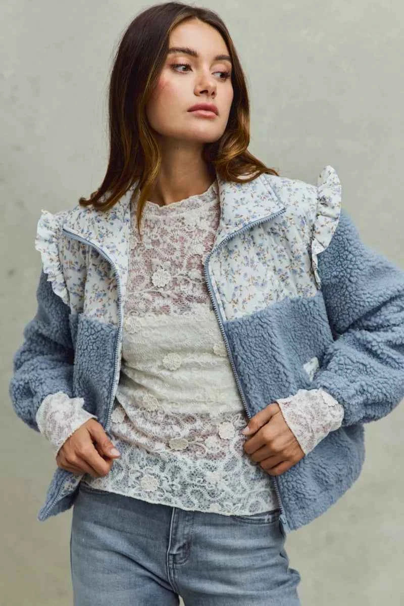 SO ME Women Jacket Faux Fur Sherpa Blue Pull with Floral Ruffle Contrast Zipper 8b3d8d43e2c143ad80b48d2f099279f1-Max-Origin Trendsi