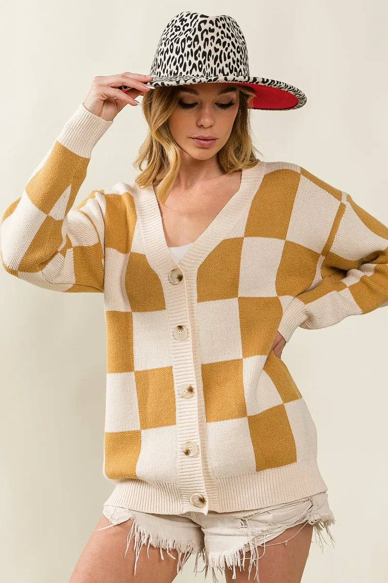 BiBi Cardigan Knit Ivory Camel Checked V-neck Long Sleeve Sweater 8b3f67365c9740bca0dc664eaddc9fa6-Max-Origin Trendsi
