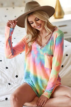 BiBi Womens Tie Dye Top V-neck Terry Pastel With Sequins Long Sleeve 8b42ede8363a4840b67c3ea93c7ea0cd-Max-Origin Trendsi