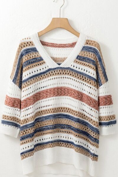 Women Knit T-shirt Openwork Colorful Striped V Neck Half Sleeve Top 8b467a24-5cbf-4f0d-9835-7f2370df5b55-Min Trendsi