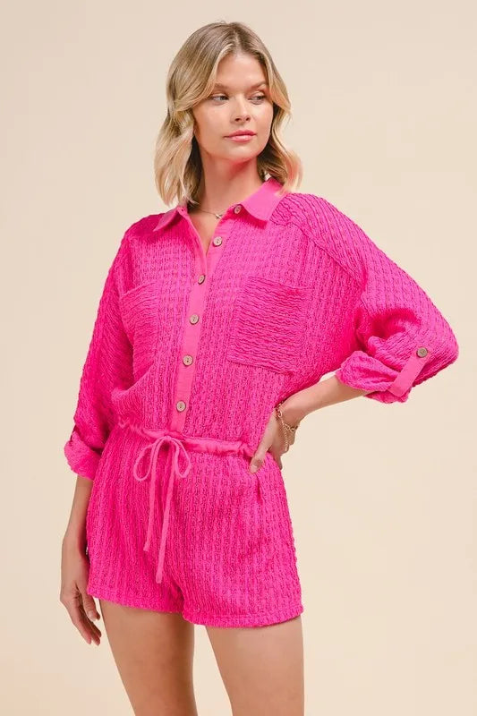 SO ME Romper Textured Knit Fuchsia Pink Button Front Drawstring Waist 8b4abd10-954c-4bb5-98d6-1dab0271d2ca-Max-Origin Trendsi