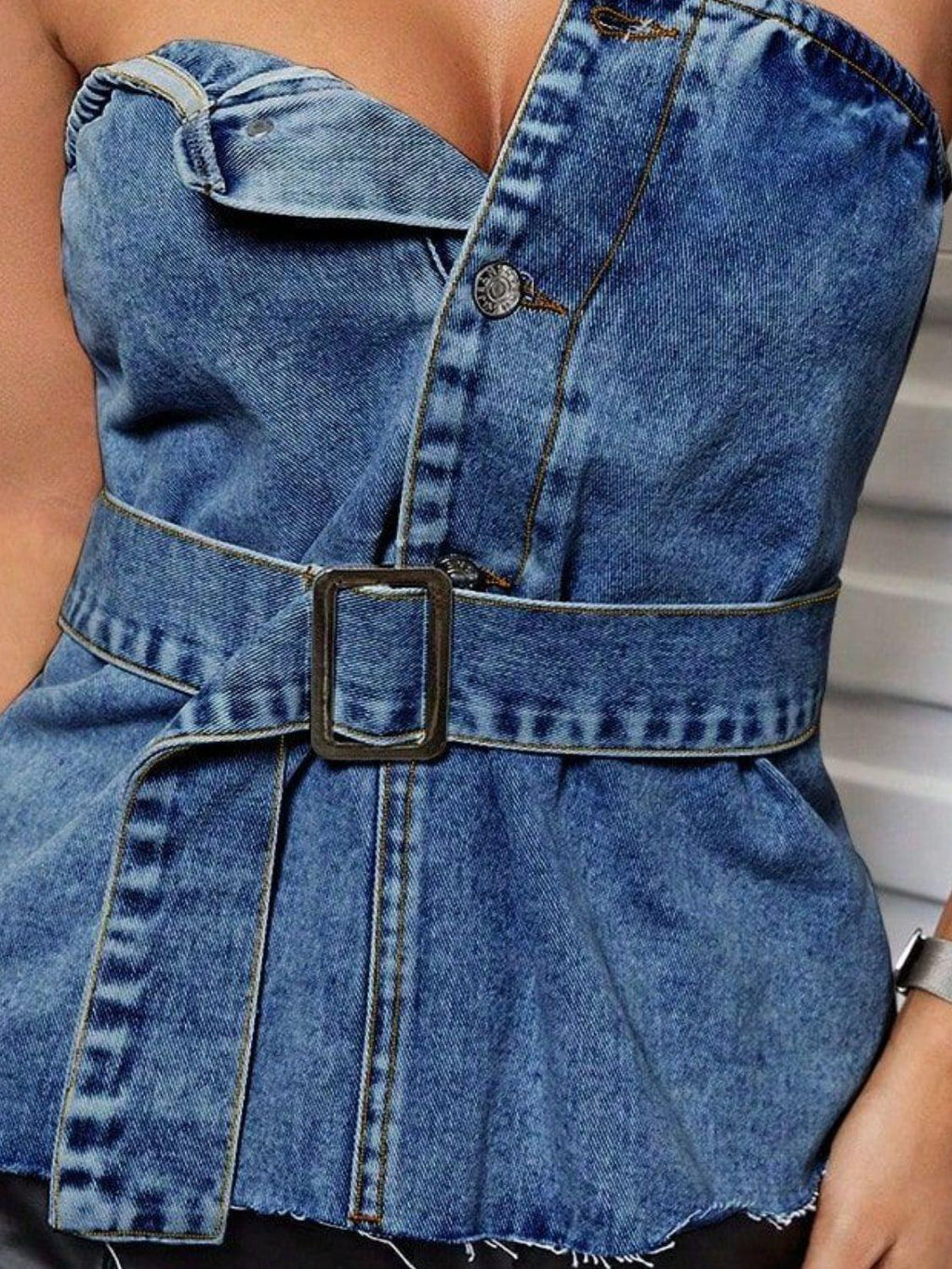 Denim Top Strapless Buttoned Raw Hem Tube Belted 8b502e27-4c57-478c-84a8-407447f1c18d-Max Trendsi