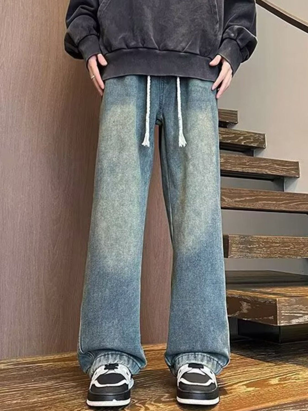 Men's Full-Length Washed Wide Leg Jeans in Plus Sizes