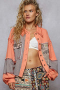 POL Jacket Orange Collared Patchwork Stripe Multi-Pattern Contrast Stitching Orange 8b5ab485-adb5-4f32-9f30-73511ba203b0-Max-Origin Trendsi