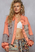 POL Jacket Orange Collared Patchwork Stripe Multi-Pattern Contrast Stitching Orange 8b5ab485-adb5-4f32-9f30-73511ba203b0-Max-Origin Trendsi