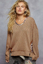 POL Oversized Ribbed Top Chocolate Balloon Sleeve with Floral Pattern Contrast CHOCOLATE 8b619559-8684-4bea-b301-6c0c7e2d9882-Max-Origin Trendsi