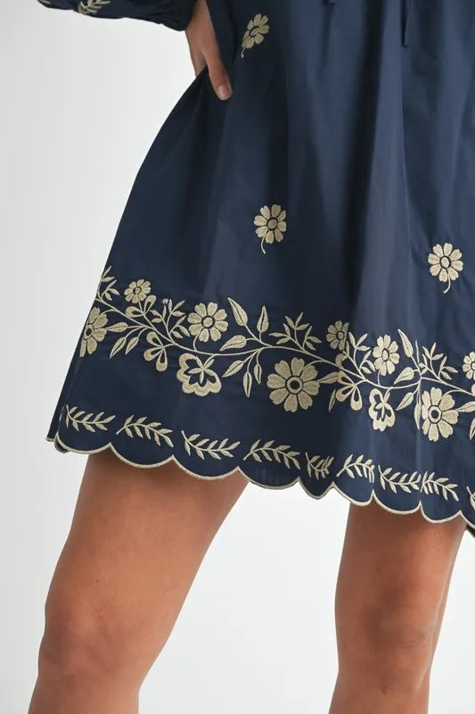 MABLE Mini Dress Navy Floral Embroidered Long Sleeve Peasant Tied 8b62e5810a6149bb843345fd4915d9a3-Max-Origin Trendsi