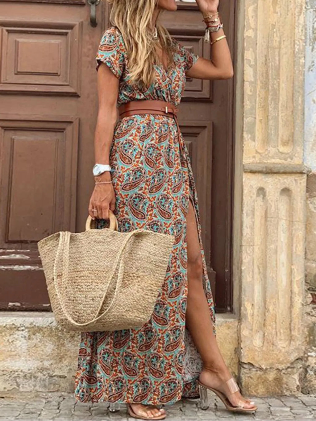 Maxi Dress Paisley Printed V-Neck Short Sleeve Boho Front Slit 8b6bec58-6f73-460a-a027-f3282e9c48b3-Max-Origin Trendsi