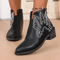 Western Women's Ankle Boots Embroidered Pu Leather Mid Heels Shoes Black 8b6e26a2ff914dd692f3fbe94b47e032-Max-Origin Trendsi