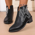 Western Women's Ankle Boots Embroidered Pu Leather Mid Heels Shoes Black 8b6e26a2ff914dd692f3fbe94b47e032-Max-Origin Trendsi