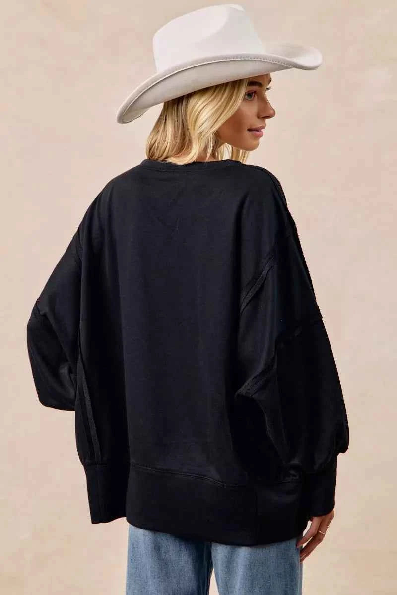 BiBi Women Sweatshirt Oversized Black Spook Plaid Letter Print Long Sleeve Top 8b6fed9a657e4ccd8b36dded845e6aff-Max-Origin Trendsi