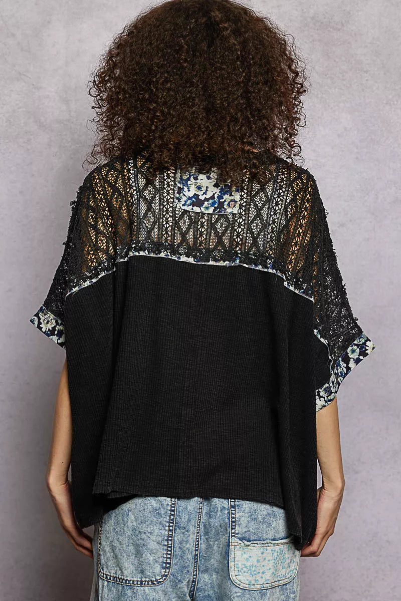 POL Blouse Black Floral Patchwork Lace Accent Short Sleeve Top 8b709440-fb28-416a-9d5e-ebbbff47640d-Max-Origin Trendsi